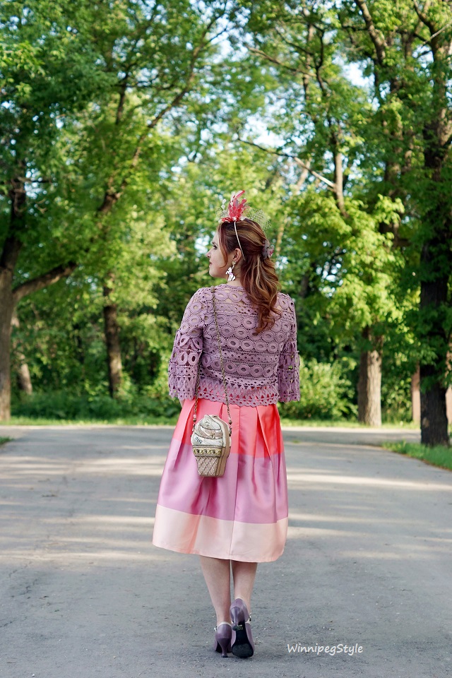 Winnipeg Style, Chicwish lilac purple crochet lace bell sleeve top. Chicwish candy stripe cotton candy skirt, Mary France The Scoop ice cream beaded clutch handbag, Fabcessories horse Carousel earrings, Jacques Vert flower feather fascinator, John Fluevog Pearl Hart Bellevue lilac shoes